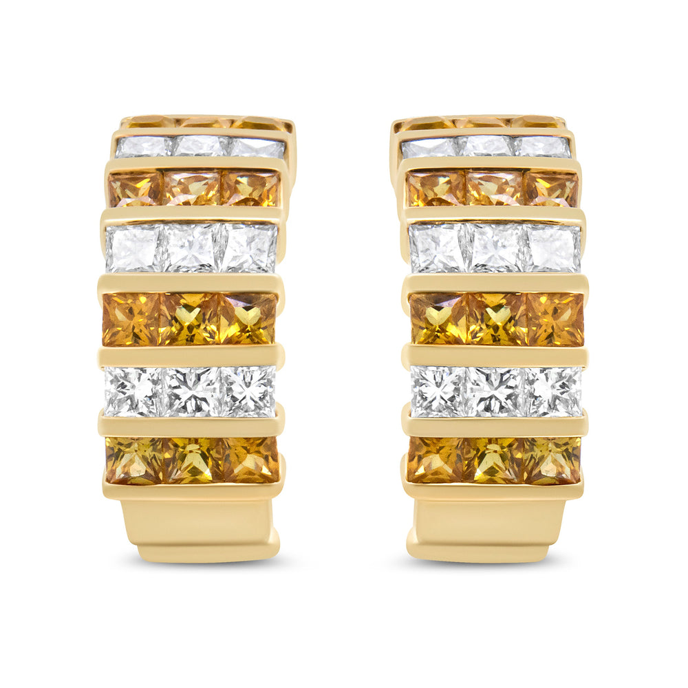 18K Yellow Gold 1 3/4 Cttw Invisible Set Princess Cut Diamond and 2.5mm Yellow Sapphire Huggie Hoop Earrings (F-G Color, VS1-VS2 Clarity)