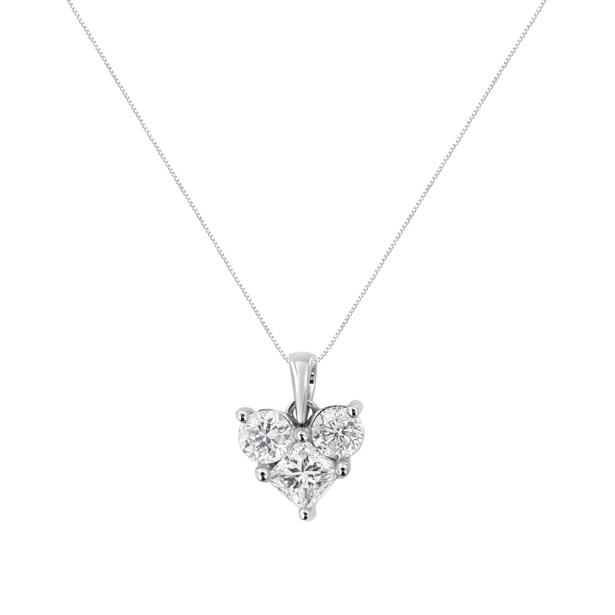 Collar con colgante en forma de corazón de oro blanco de 10K con diamantes de talla redonda y princesa de 1,0 Cttw, 18" (color H-I, claridad SI2-I1)