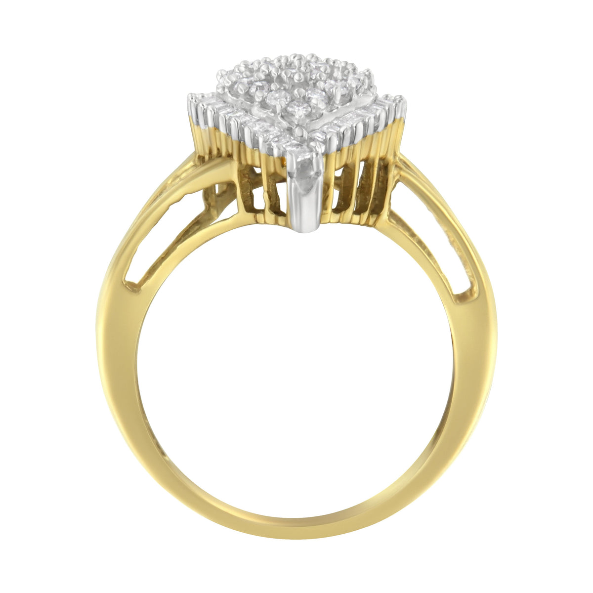 Anillo de pera de oro amarillo de 10 quilates con diamantes redondos y talla baguette de 1/2 quilate (color I-J, claridad I1-I2) - Talla 7