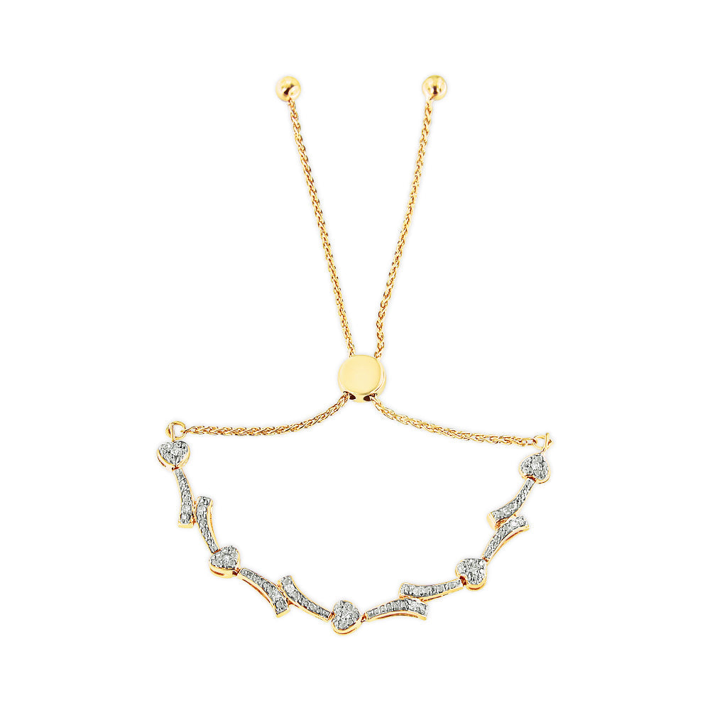 Pulsera de bolo con corazón y onda chapada en oro amarillo de 14 quilates sobre plata de ley .925 con acento de diamante (color I-J, claridad I2-I3) - Ajustable de 6" a 9"