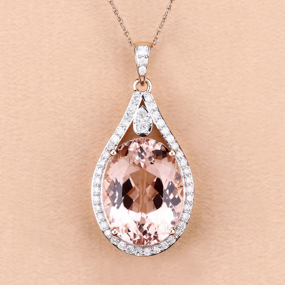 Colgante de oro rosa de 14 quilates con morganita genuina de 9,31 quilates y diamantes blancos