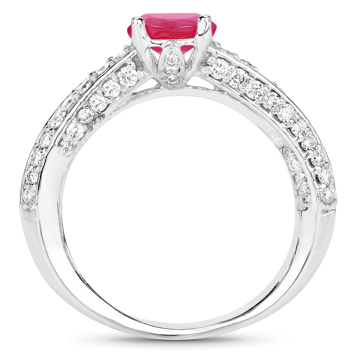 Anillo de oro blanco de 14 quilates con rubí genuino de 1,49 quilates y diamantes blancos (color I, claridad SI)