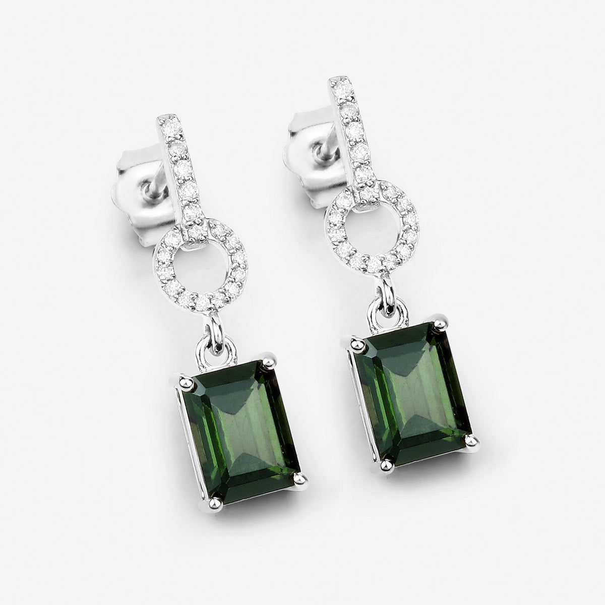 Pendientes de Oro Blanco de 14K con Turmalina Verde Genuina de 2.28 Quilates y Diamantes Blancos
