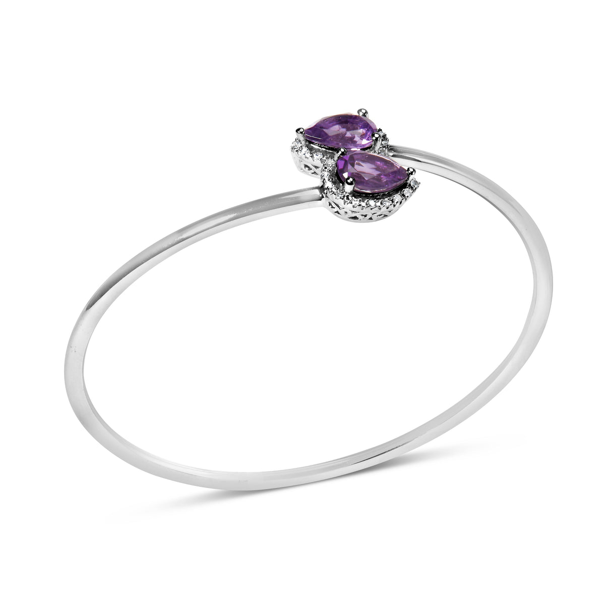 Brazalete de plata de ley .925 con forma de pera de amatista de 8 x 5.5 mm y halo de diamantes (color H-I, claridad SI1-SI2) - Se ajusta hasta 7 pulgadas