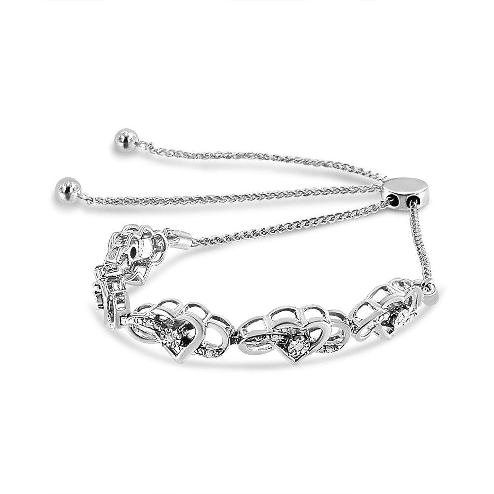Pulsera Bolo de Tenis Ajustable de Plata Fina .925 con Acentos de Diamantes en Infinito Entrelazado y Corazón de 4" a 10" (Color H-I, Claridad I2-I3)