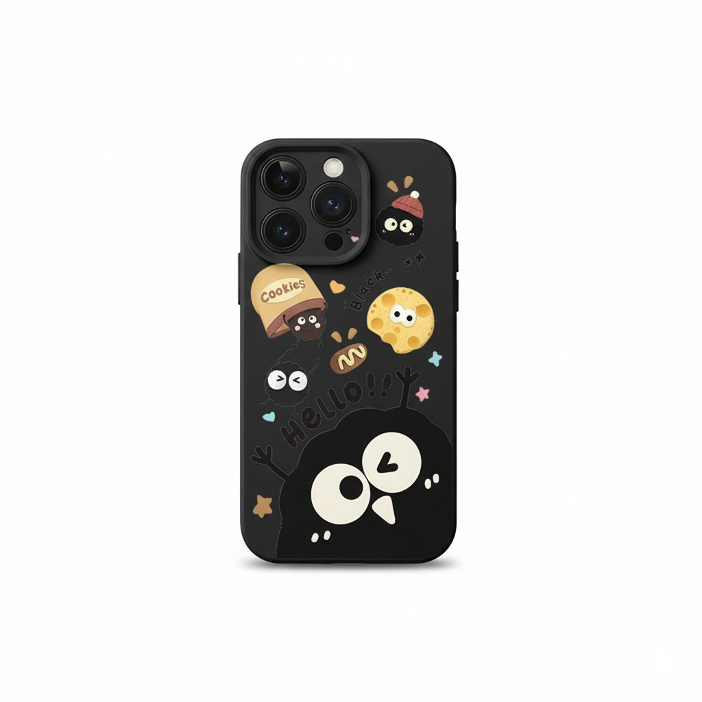 Serie de fundas para teléfono con simpáticos personajes de bolas de carbón negro