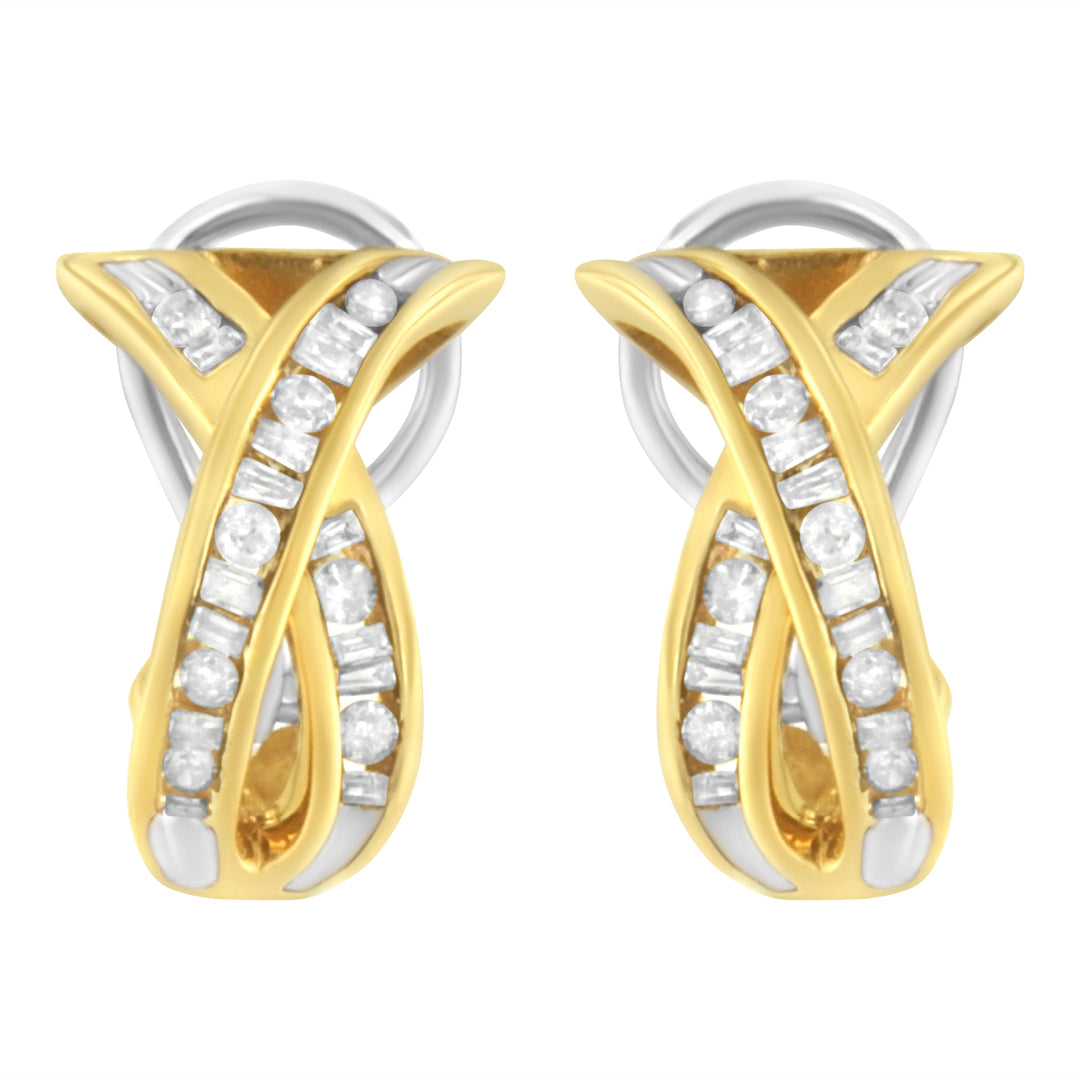14K Yellow and White Gold 1/2 TDW "X" Shape Cross Over Diamond Hoop Earrings (I-J, I2-I3)