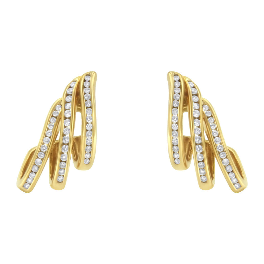 10K Yellow Gold 1.0 Cttw Round Brilliant Cut Diamond Spiral Multi Row Channel Set Open Hoop Pushback Stud Earrings (H-I Color, I1-I2 Clarity)