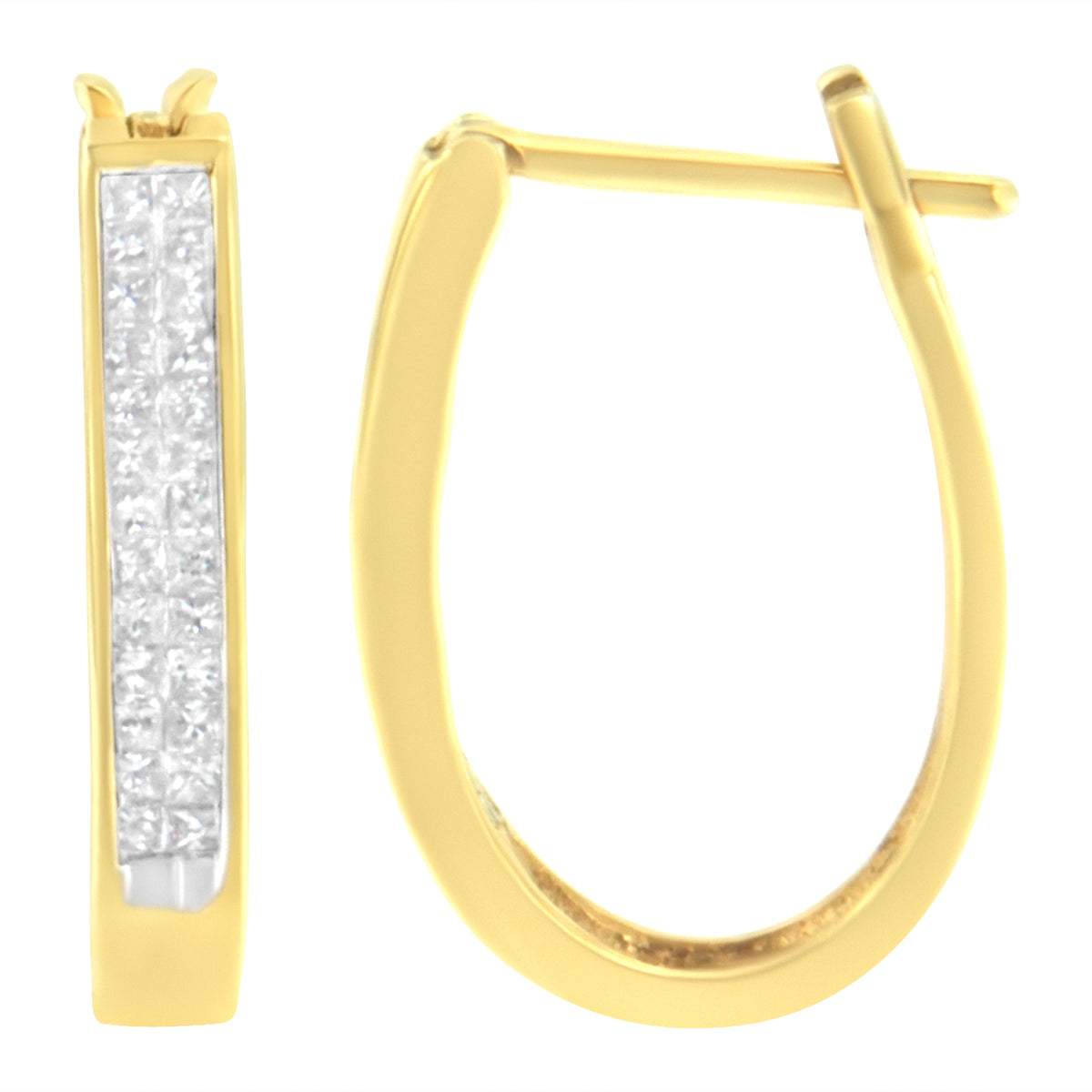 Pendientes de aro de oro amarillo de 10K con diamantes de talla princesa de 1/2 Cttw, engaste invisible (color H-I, claridad SI2-I1)