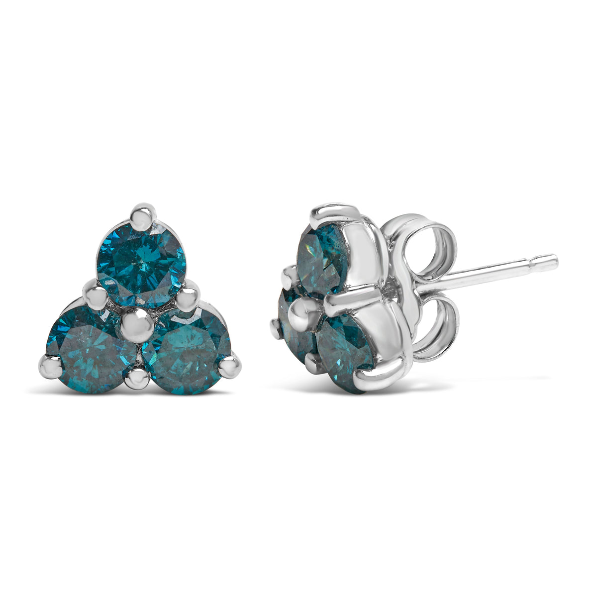 Pendientes de trío de diamantes azules tratados en oro blanco de 14 K (1 1/3 TCW, azul)