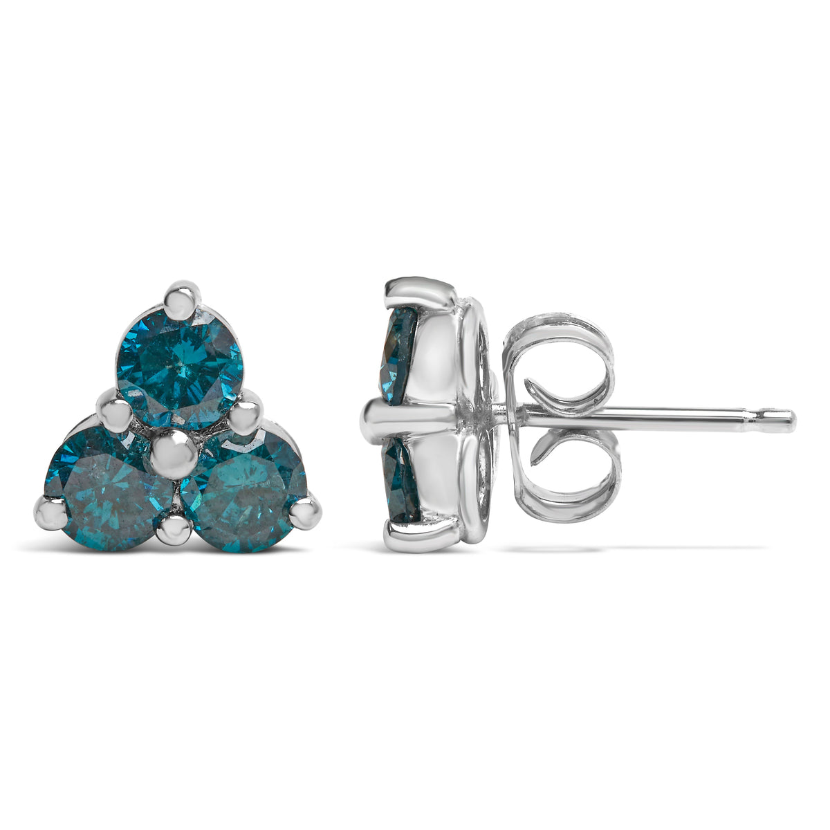 Pendientes de trío de diamantes azules tratados en oro blanco de 14 K (1 1/3 TCW, azul)