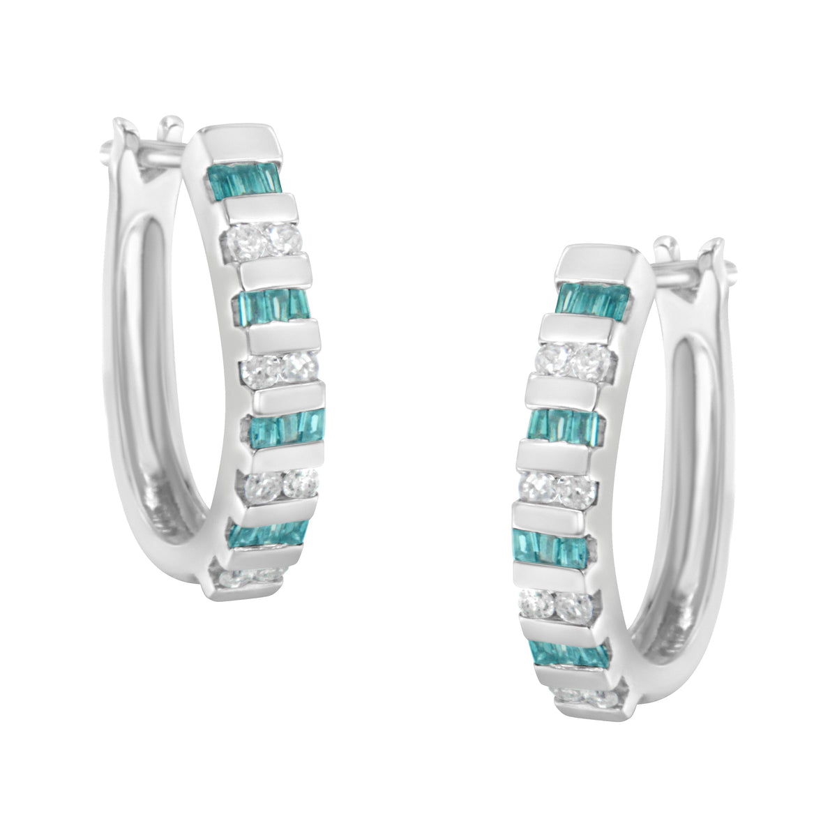 Pendientes de aro de oro blanco de 10k con diamantes redondos y baguette azules de 1/2 quilate (color I-J, claridad I2-I3)