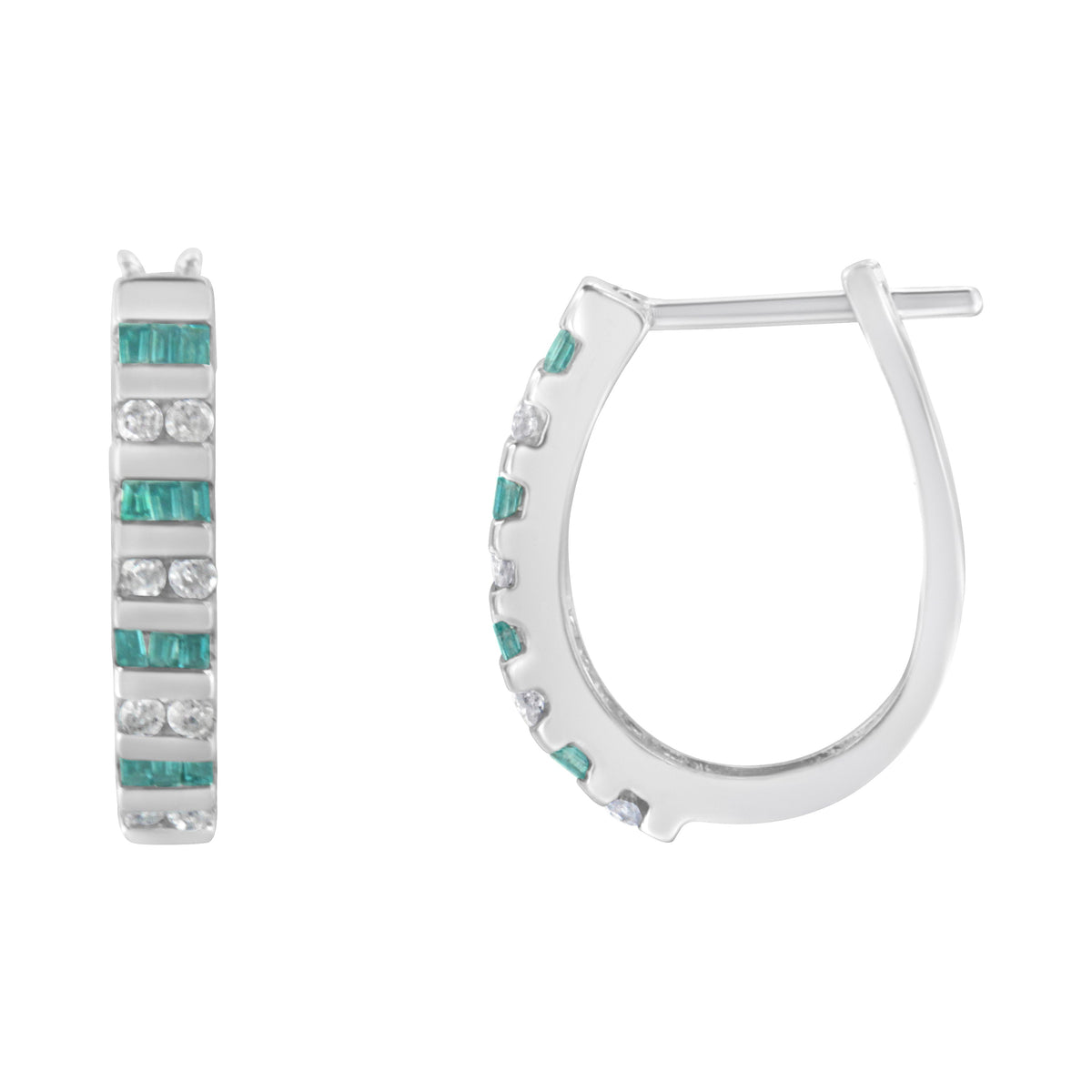 Pendientes de aro de oro blanco de 10k con diamantes redondos y baguette azules de 1/2 quilate (color I-J, claridad I2-I3)