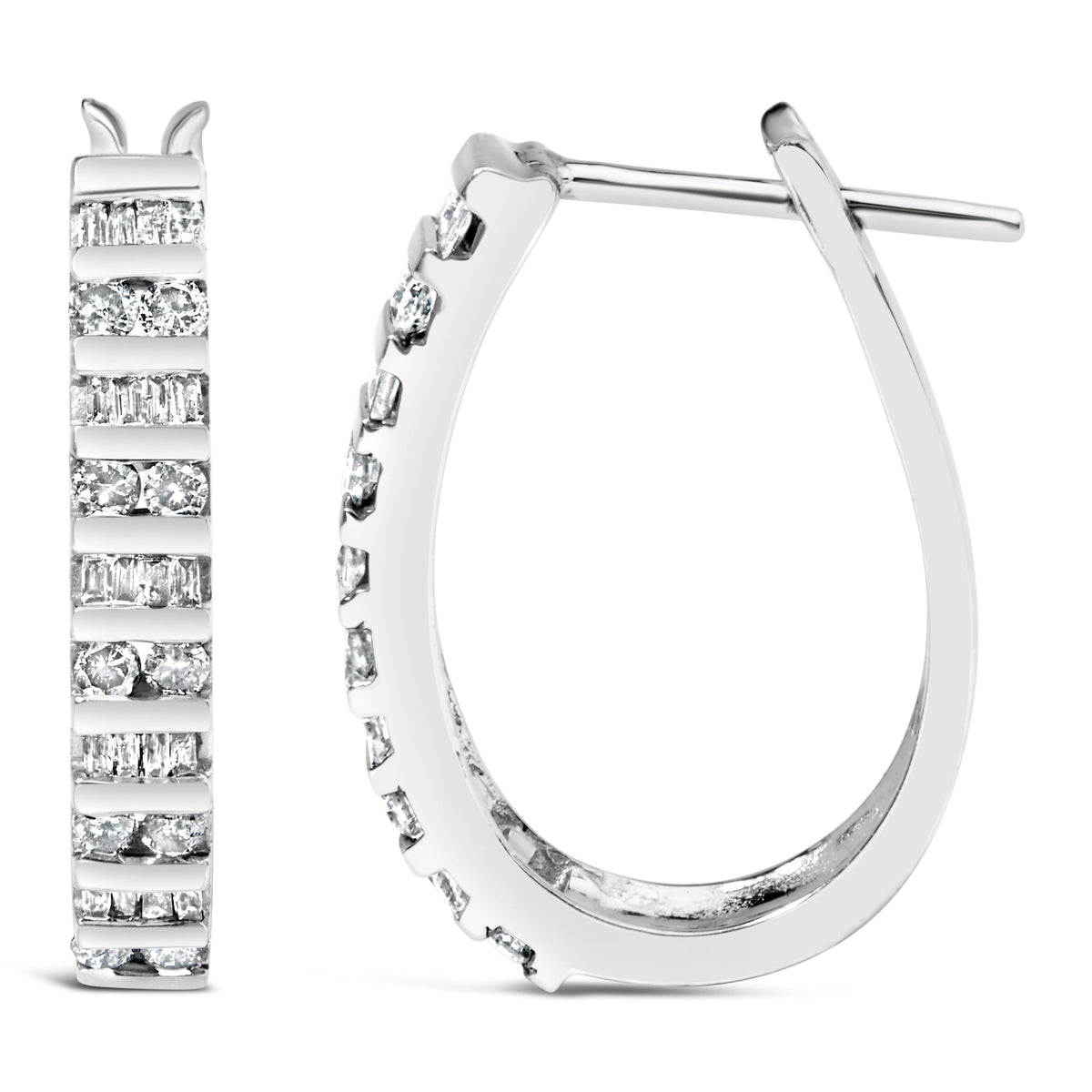 Pendientes de aro en "U" de oro blanco de 10K con diamantes alternos de 1,0 Cttw (color I-J, claridad I2-I3)