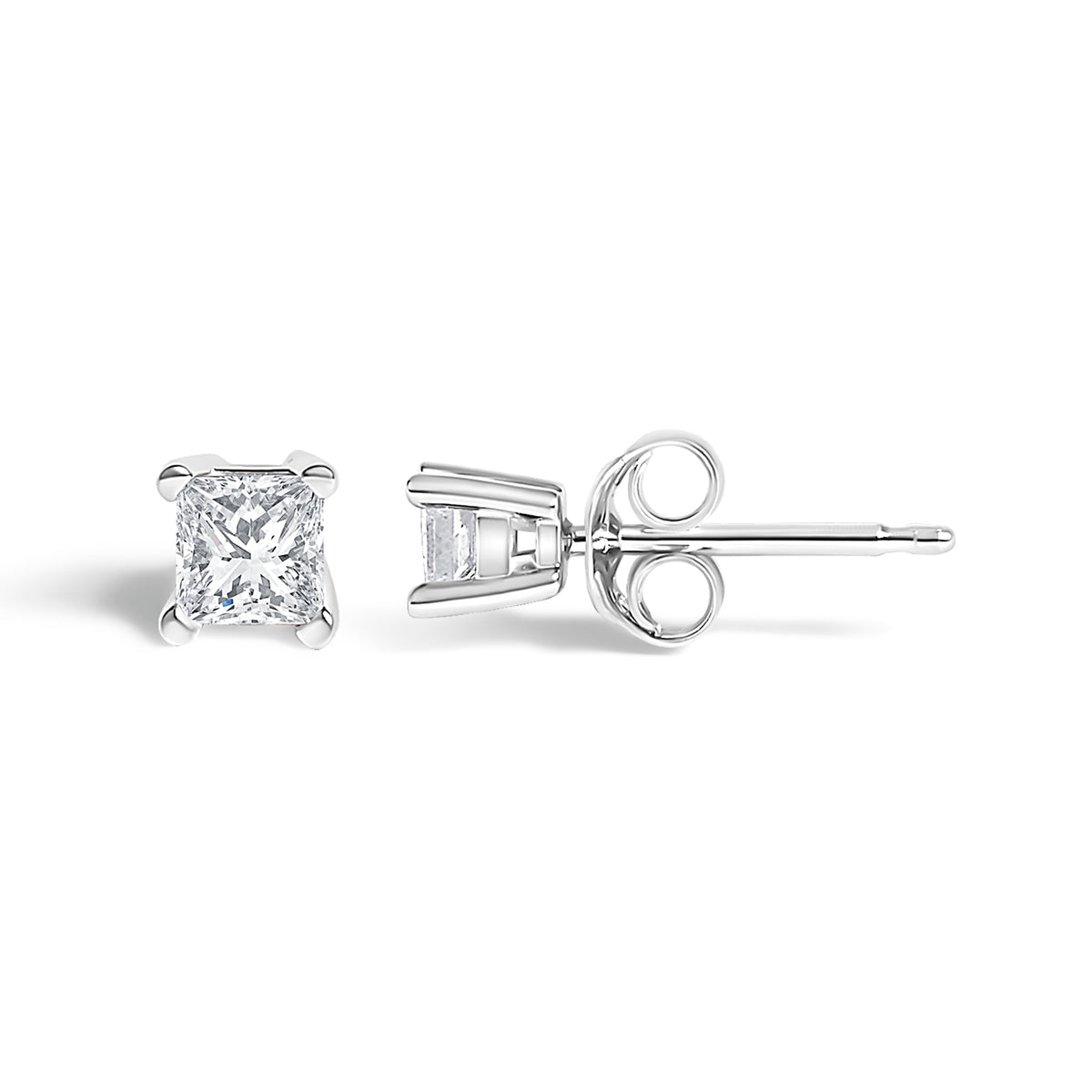 Pendientes de botón de plata de ley .925 con diamante solitario de talla princesa de 1/4 qt (color H-I, claridad I1-I2)
