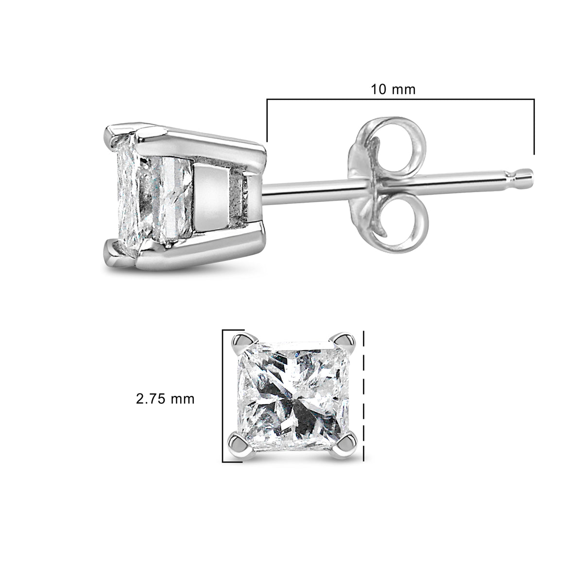 Pendientes de botón de plata de ley .925 con diamante solitario de talla princesa de 1/4 qt (color H-I, claridad I1-I2)