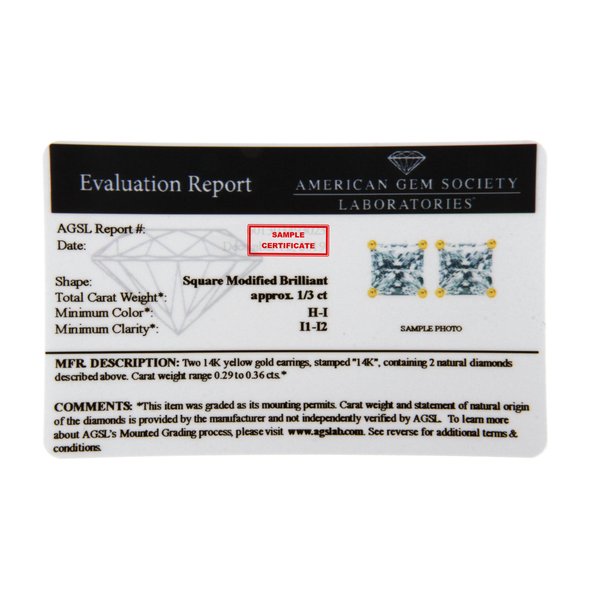 Pendientes de tuerca certificados de oro amarillo de 14 quilates con diamantes de talla princesa con claridad mejorada (0,50 ct en total, color H-I, claridad I1-I2)