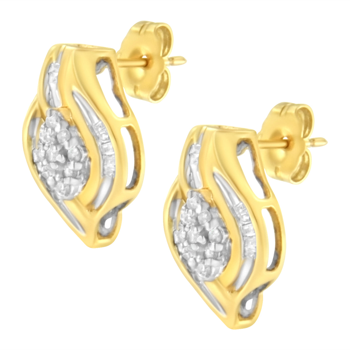 Pendientes de botón en oro amarillo de 10 qt con diamantes de talla redonda de 1/3 qt en forma de racimo y espiral (claridad J-K, color I2-I3)