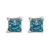 14K White Gold 1.0 Cttw Princess Cut Lab Grown Blue Diamond Solitaire Stud Earrings