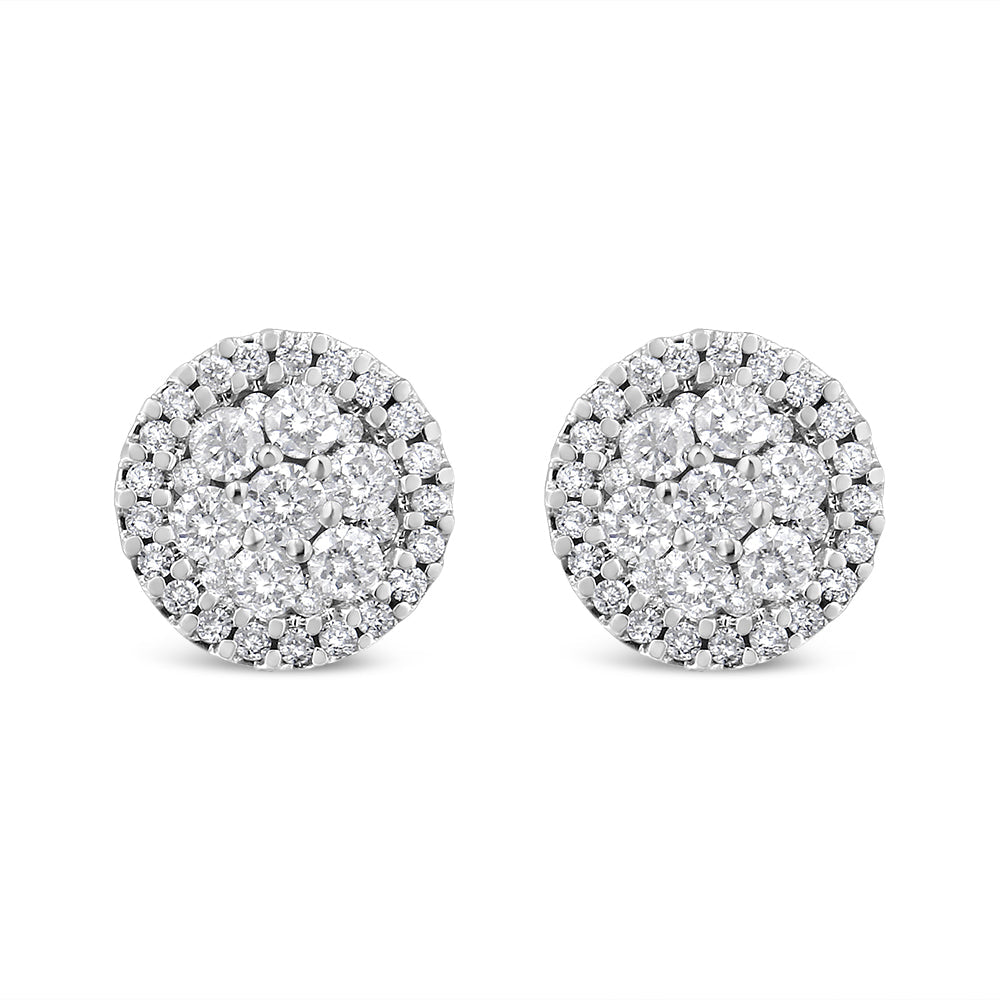 Pendientes de botón redondos de racimo estilo halo con diamantes de talla brillante de 1,0 Cttw en oro blanco de 14K, certificados por AGS (color G-H, claridad I1-I2)