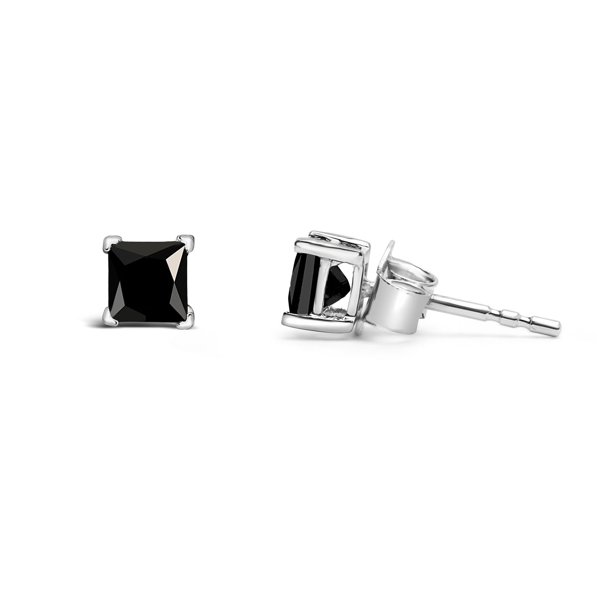 Aretes clásicos de oro blanco de 14 quilates con diamantes negros tratados de corte princesa de 1/2 quilate de peso total, engaste de 4 puntas y broche de presión (color de fantasía mejorado, claridad I2-I3)