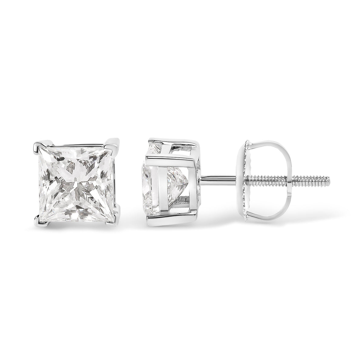 Pendientes de solitario con diamantes de talla princesa de 14 quilates de oro blanco y 1 1/2 quilates de peso total con claridad mejorada (color I-J, claridad I1-I2)