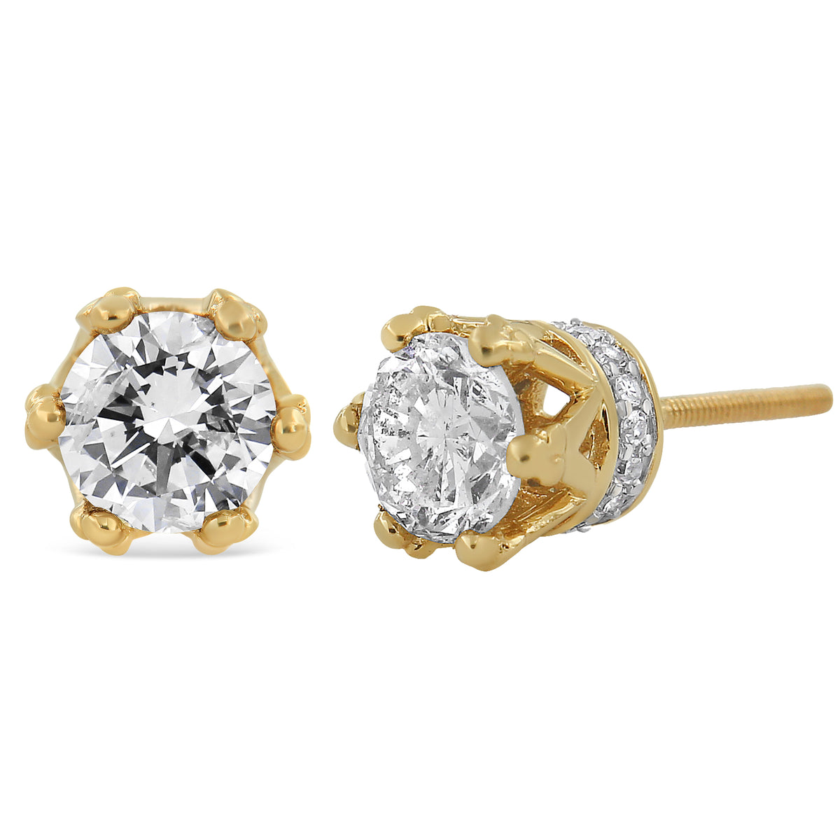 Pendientes de tuerca de corona de oro amarillo de 14K con diamantes redondos de 2,0 quilates en total (color I-J, claridad I1-I2)