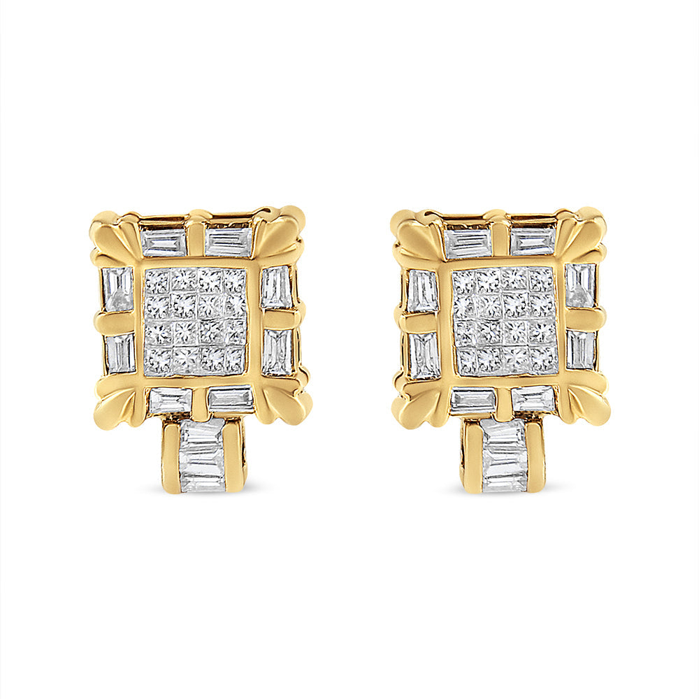 Pendientes Omega de aro tipo arracada con marco cuadrado de diamantes talla princesa y baguette de oro amarillo de 14K de 7/8 Cttw (Color H-I, Claridad SI1-SI2)