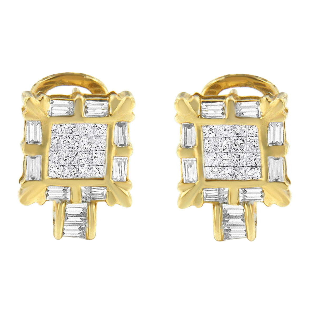 Pendientes Omega de aro tipo arracada con marco cuadrado de diamantes talla princesa y baguette de oro amarillo de 14K de 7/8 Cttw (Color H-I, Claridad SI1-SI2)