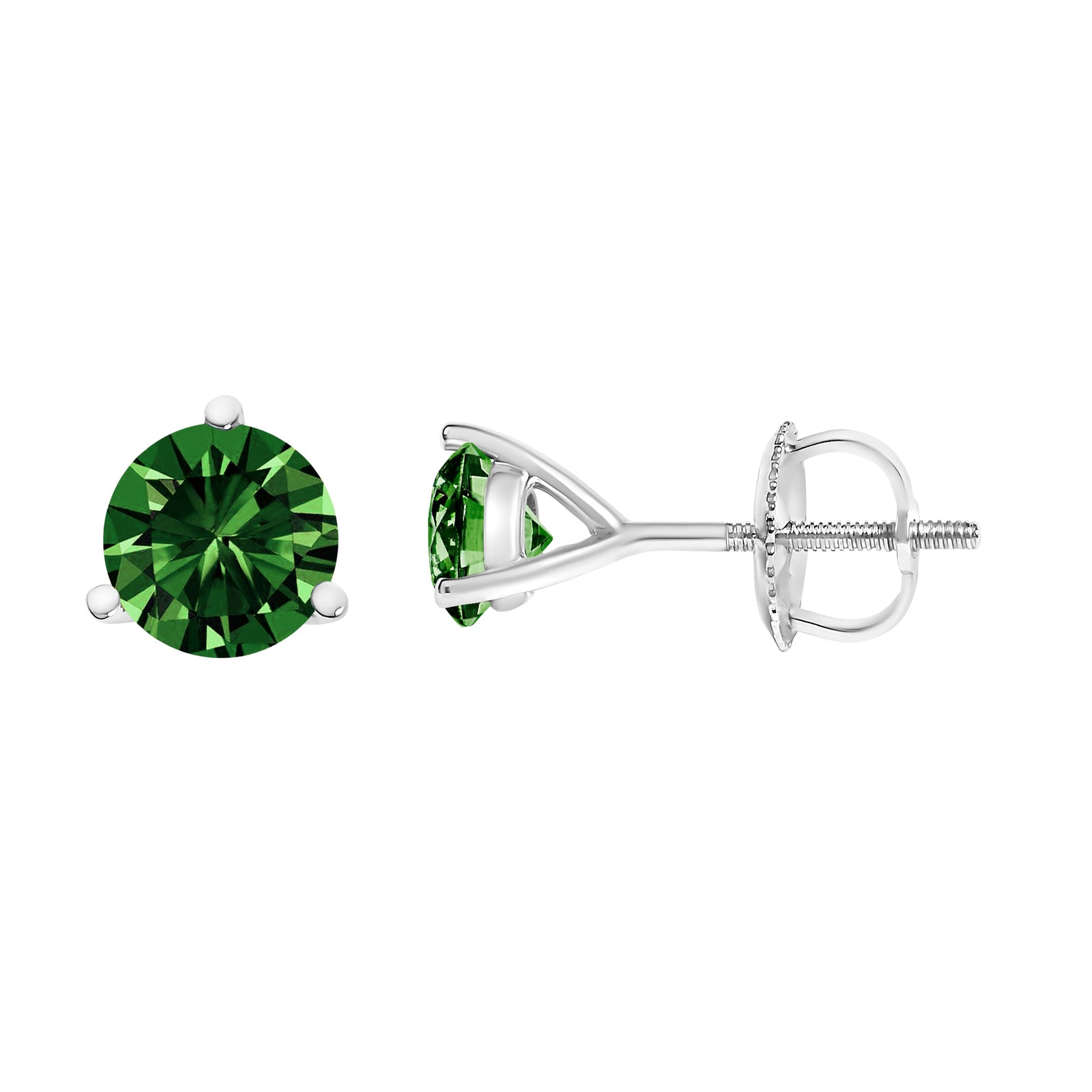 Pendientes solitario de laboratorio con diamante verde de 1,0 quilates (peso total) con engaste Martini de 3 puntas en oro blanco de 14K