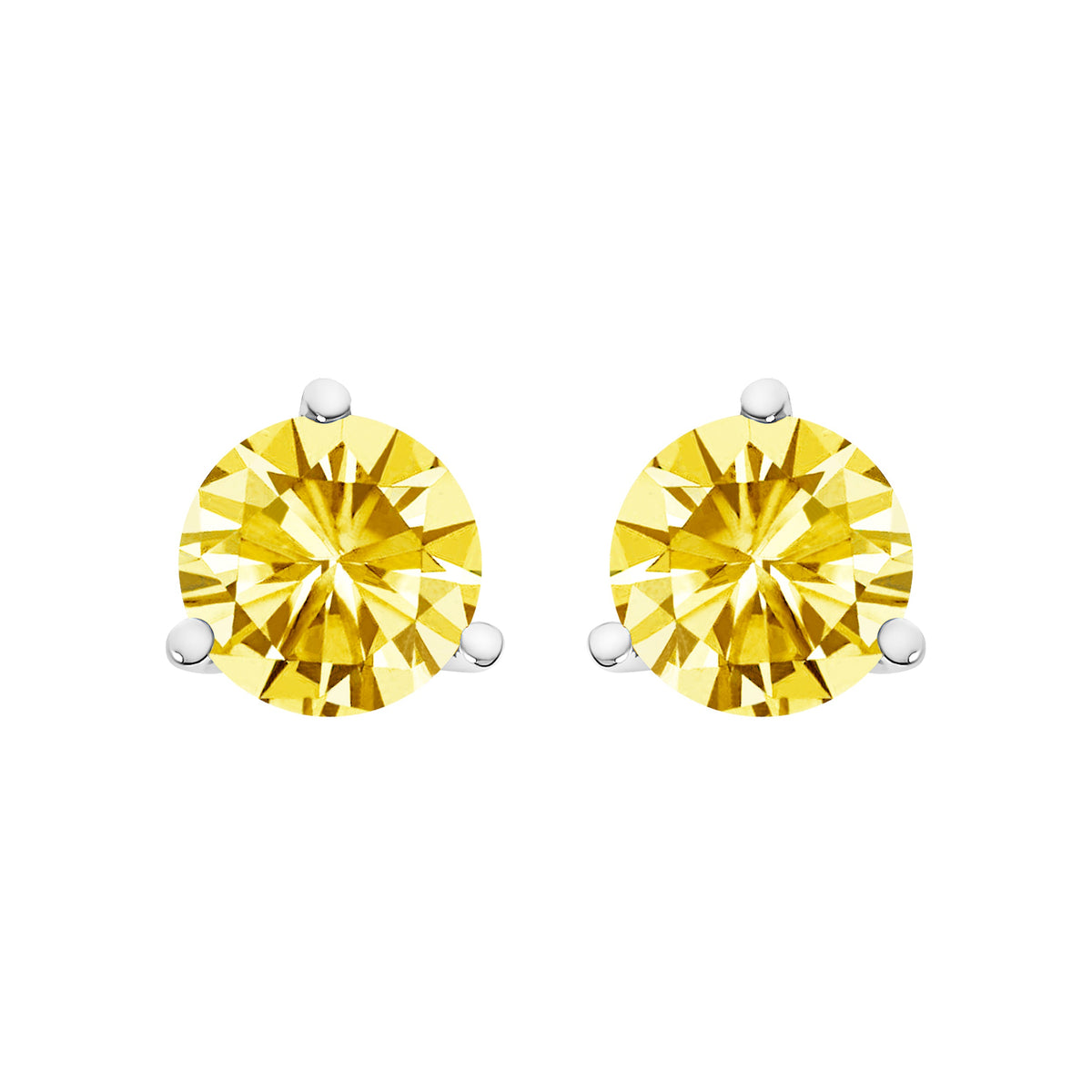Pendientes de botón de oro blanco de 14 quilates, engaste de martini de 3 puntas, solitario de diamante cultivado en laboratorio amarillo de 1,0 quilates (peso total en quilates)