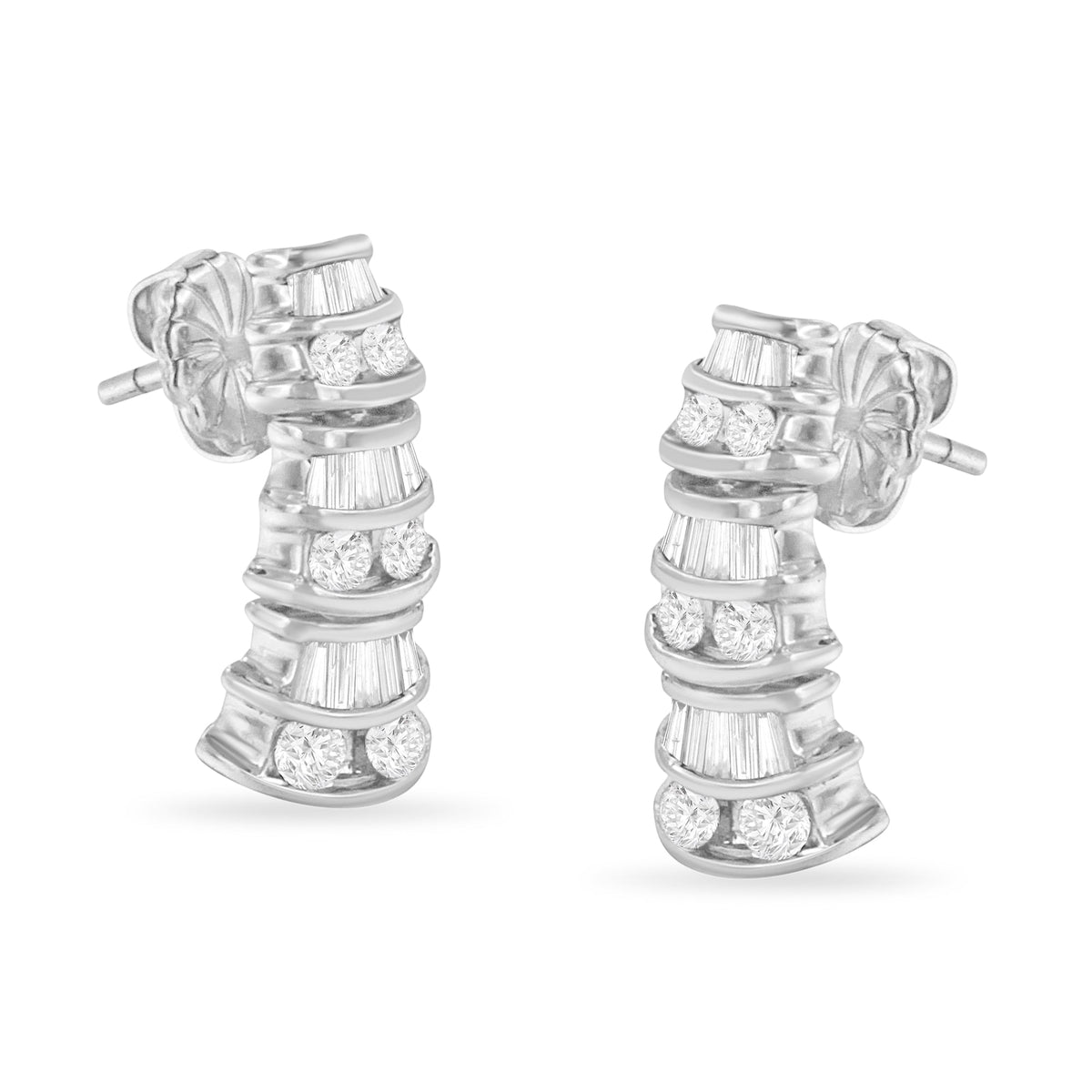 Pendientes Colgantes de Oro Blanco de 14K con Diamantes de Talla Baguette y Redonda Brillante de 7/8 cttw en Múltiples Hileras (Color H-I, Claridad SI2-I1)