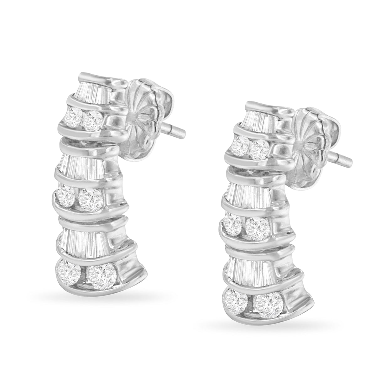 Pendientes Colgantes de Oro Blanco de 14K con Diamantes de Talla Baguette y Redonda Brillante de 7/8 cttw en Múltiples Hileras (Color H-I, Claridad SI2-I1)
