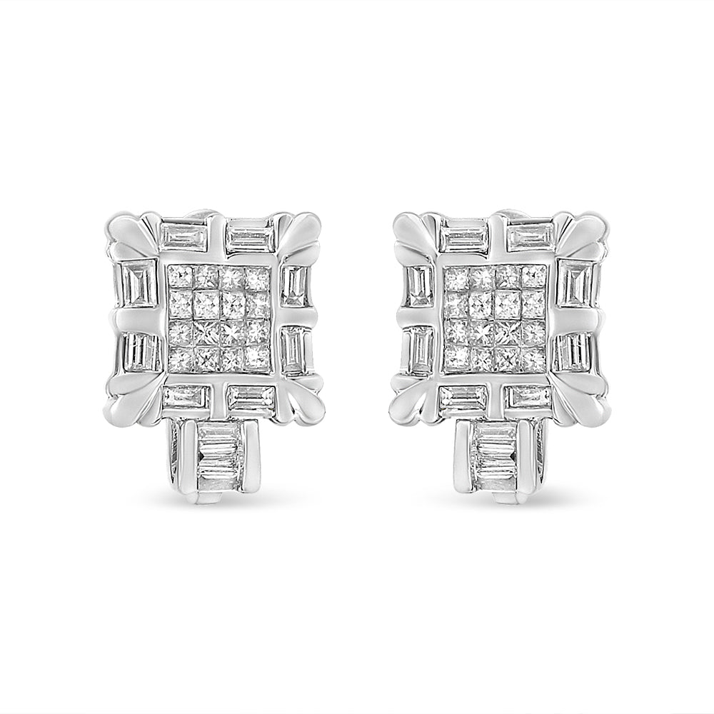 Pendientes de aro Huggie con marco cuadrado de oro blanco de 14 quilates con diamantes de talla princesa y baguette de 1,0 quilates (color H-I, claridad SI1-SI2)