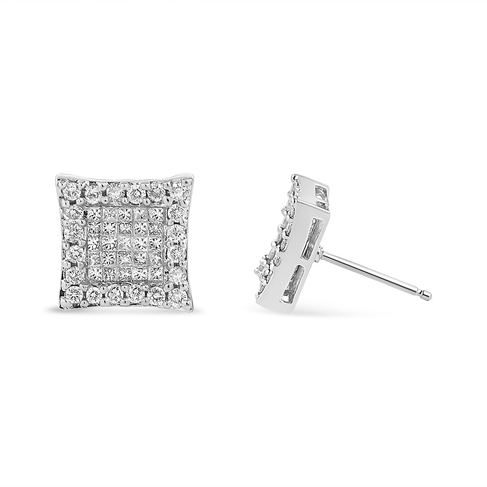 Pendientes de tuerca cuadrados de oro blanco de 14 quilates con diamantes talla princesa y redonda de 1,00 quilates (color G-H, claridad SI1-SI2)
