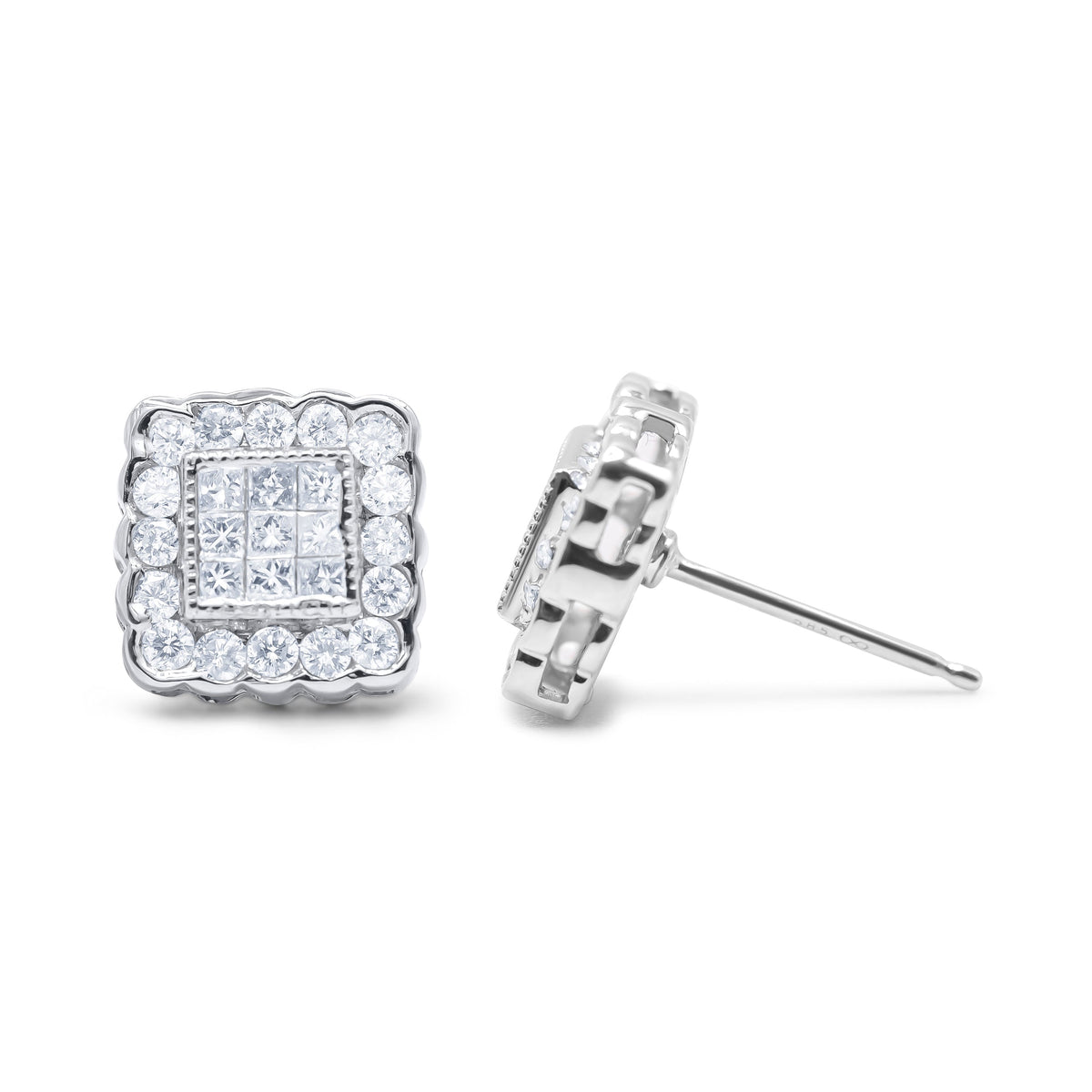 Pendientes de tuerca tipo halo cuadrado con borde festoneado de oro blanco de 14 quilates con diamantes de talla brillante redonda y princesa de 1,0 quilates (color G-H, claridad SI1-SI2)