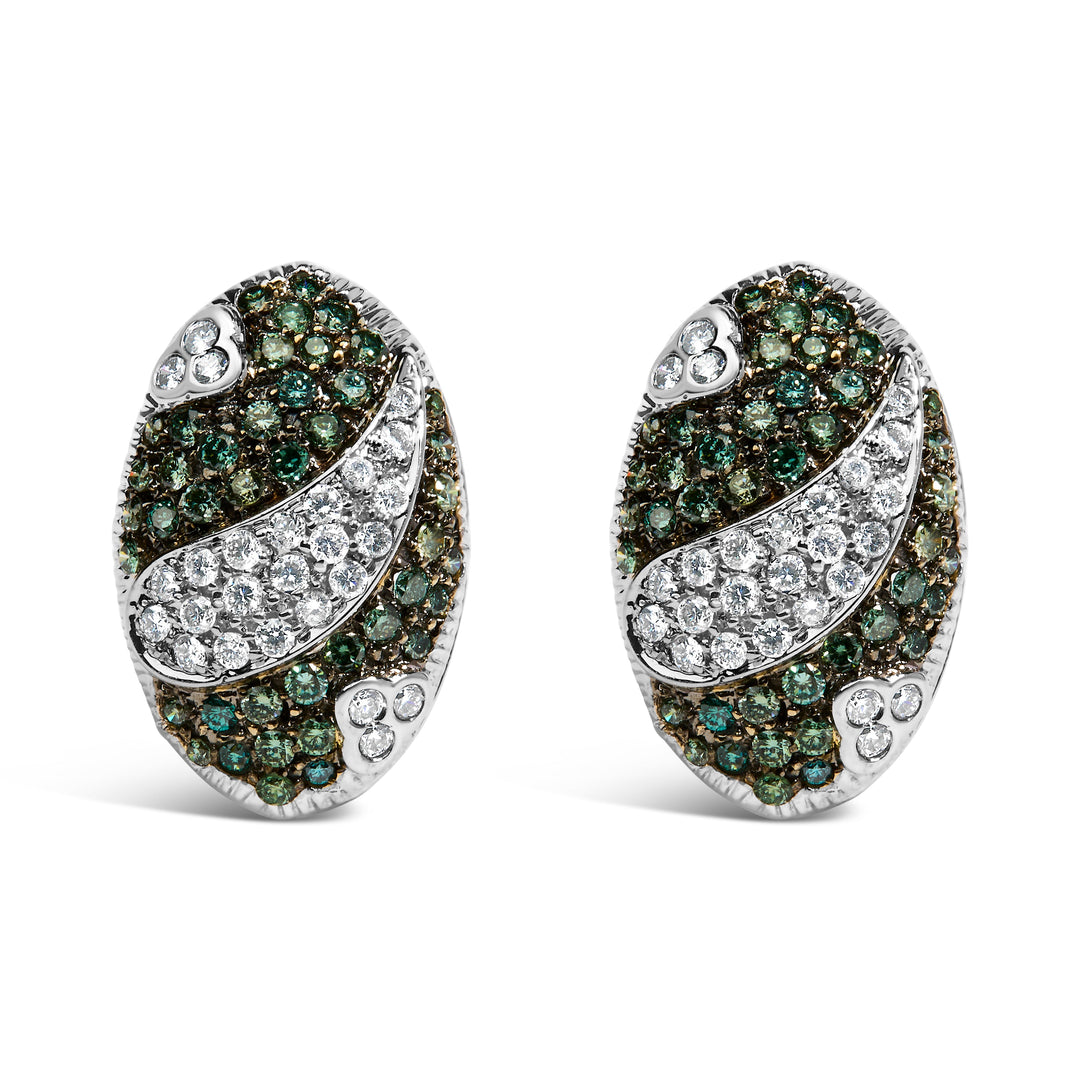 14K White Gold 2.00 Cttw White and Treated Blue Diamond Oval Shield Omega Back Earrings (H-I Color, SI1-SI2 Clarity)