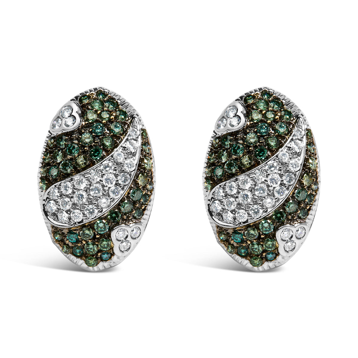 Pendientes de oro blanco de 14 quilates de 2,00 quilates de diamantes blancos y azules tratados con forma de escudo ovalado y cierre omega (color H-I, claridad SI1-SI2)