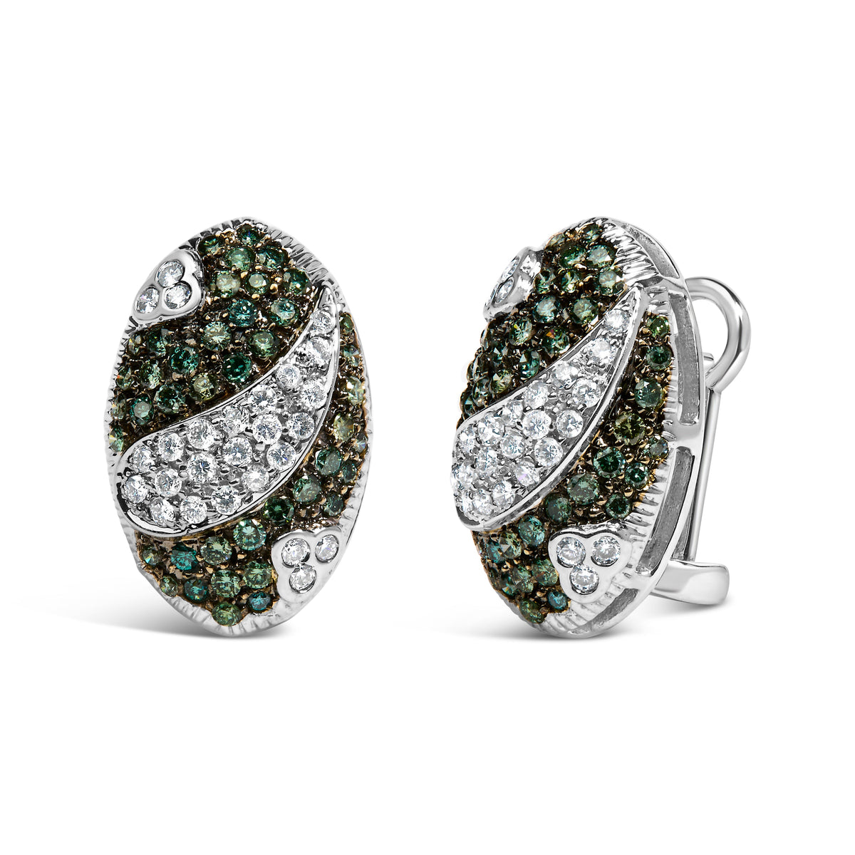 Pendientes de oro blanco de 14 quilates de 2,00 quilates de diamantes blancos y azules tratados con forma de escudo ovalado y cierre omega (color H-I, claridad SI1-SI2)