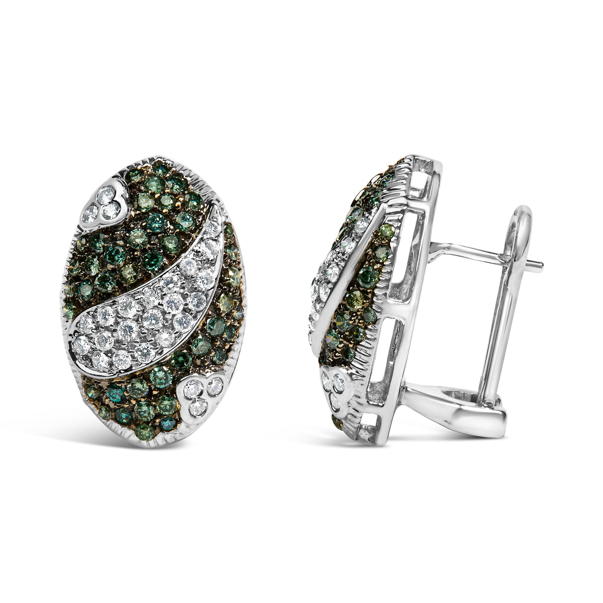 Pendientes de oro blanco de 14 quilates de 2,00 quilates de diamantes blancos y azules tratados con forma de escudo ovalado y cierre omega (color H-I, claridad SI1-SI2)