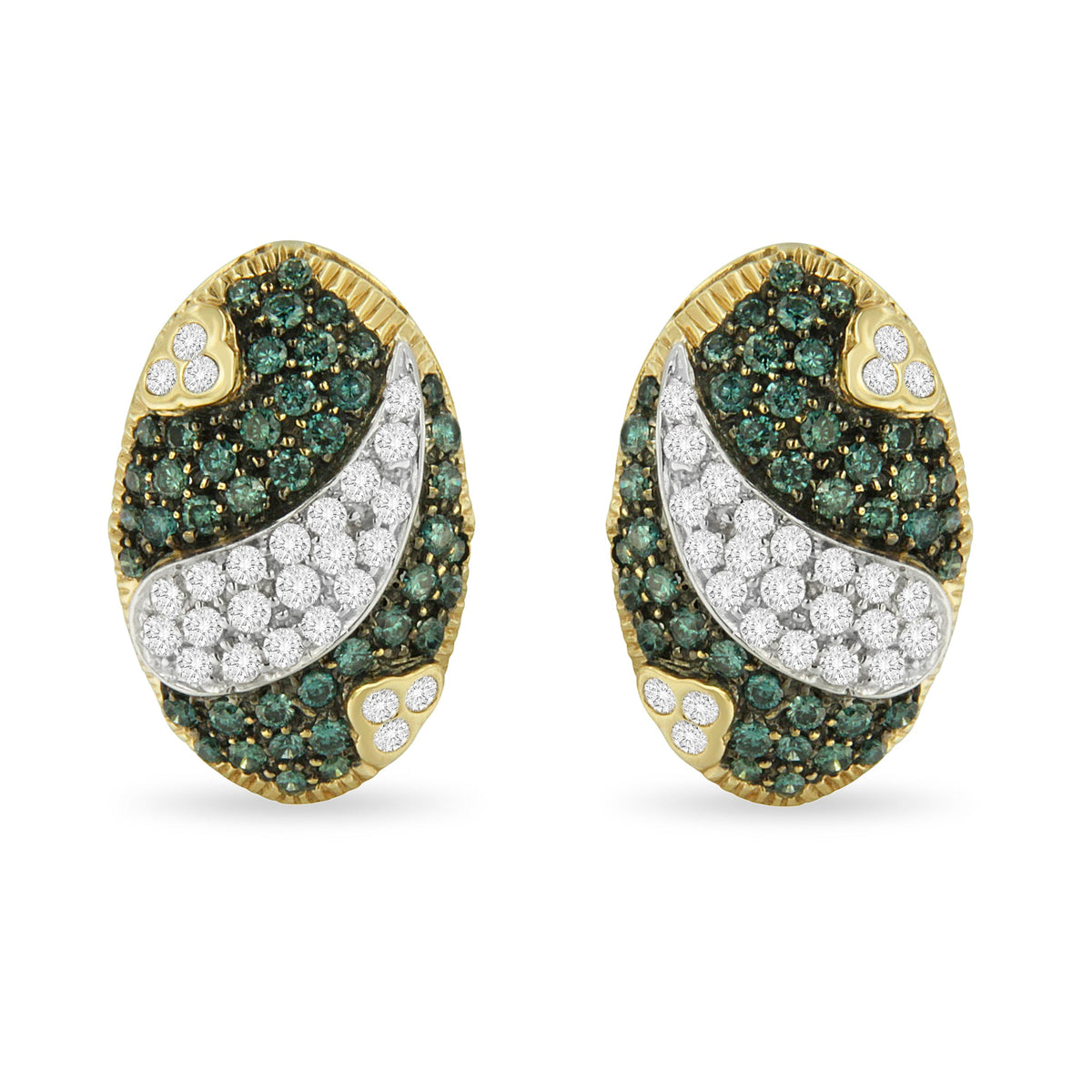 Pendientes de botón ovalados con parte trasera Omega de rodio blanco y negro sobre oro amarillo de 14K con diamantes blancos y azules de 2-1/10 Cttw (color H-I y azul, claridad SI1-SI2)