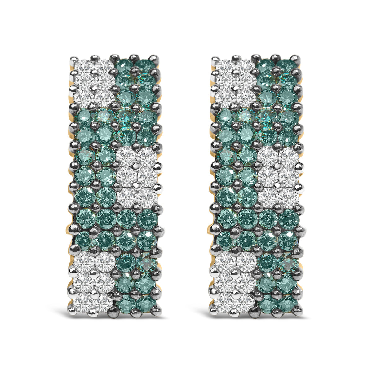 Pendientes con reverso Omega de oro amarillo de 14K de 2,00 Cttw con pavé de cuatro hileras de diamantes blancos y azules tratados (color H-I, claridad SI1-SI2)