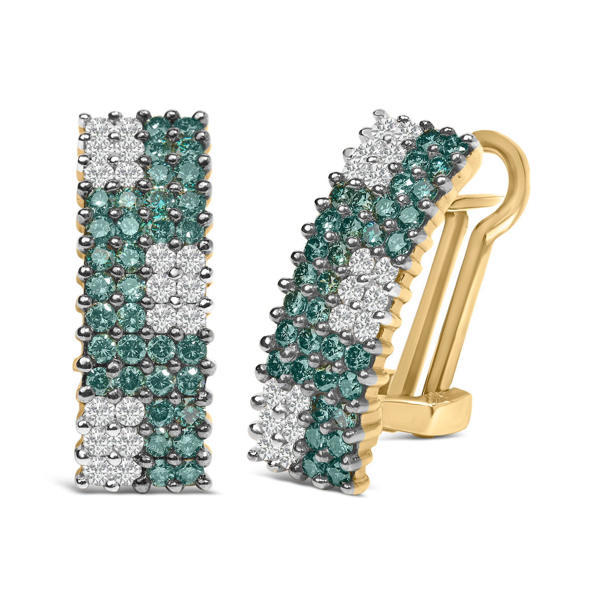 Pendientes con reverso Omega de oro amarillo de 14K de 2,00 Cttw con pavé de cuatro hileras de diamantes blancos y azules tratados (color H-I, claridad SI1-SI2)