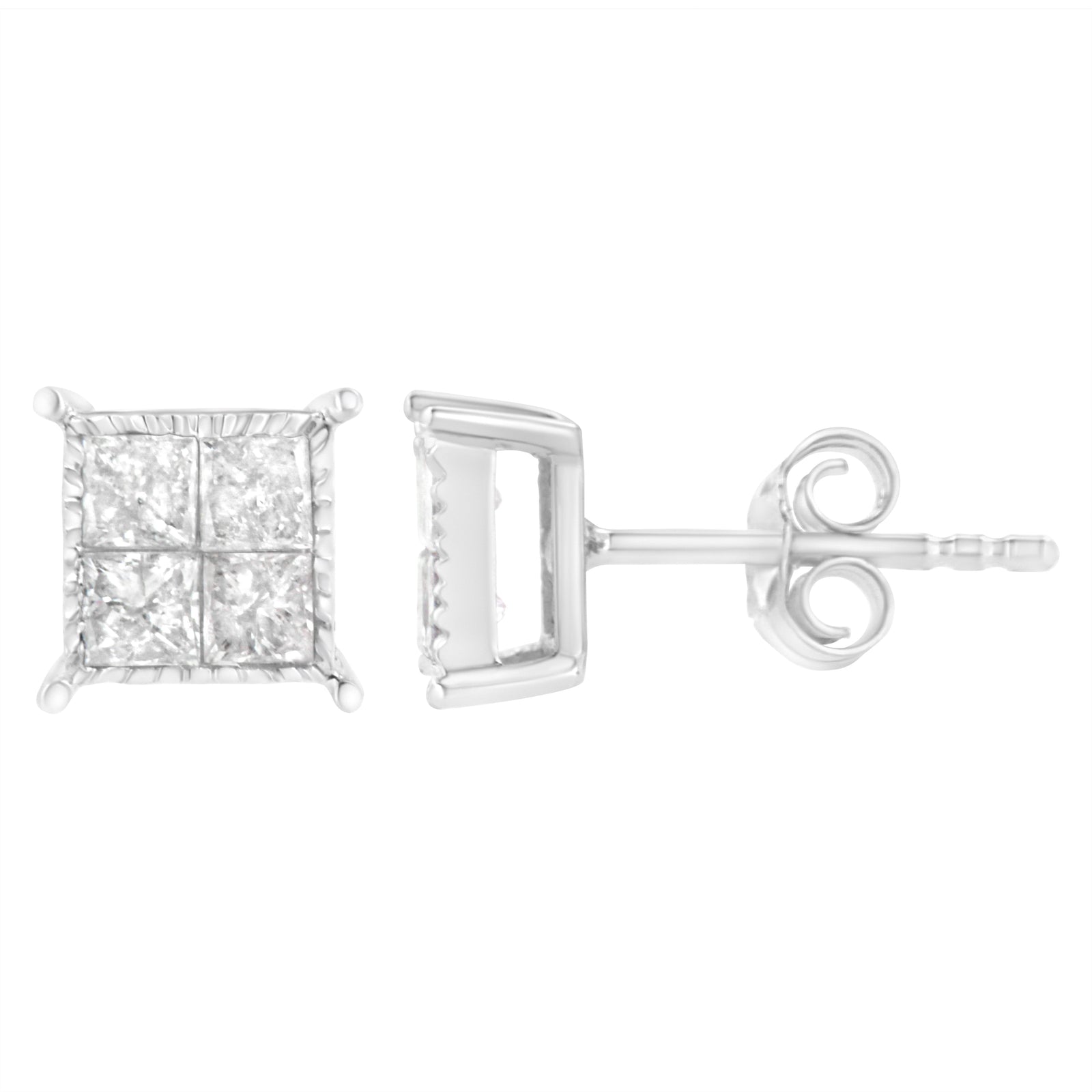 Pendientes de botón de plata de ley con diamantes compuestos de 0,75 quilates en total (I-J, I2-I3)
