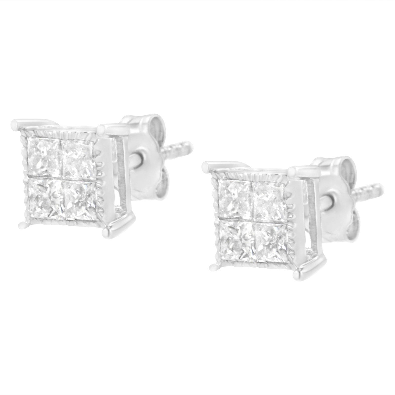 Pendientes de botón de plata de ley con diamantes compuestos de 0,75 quilates en total (I-J, I2-I3)
