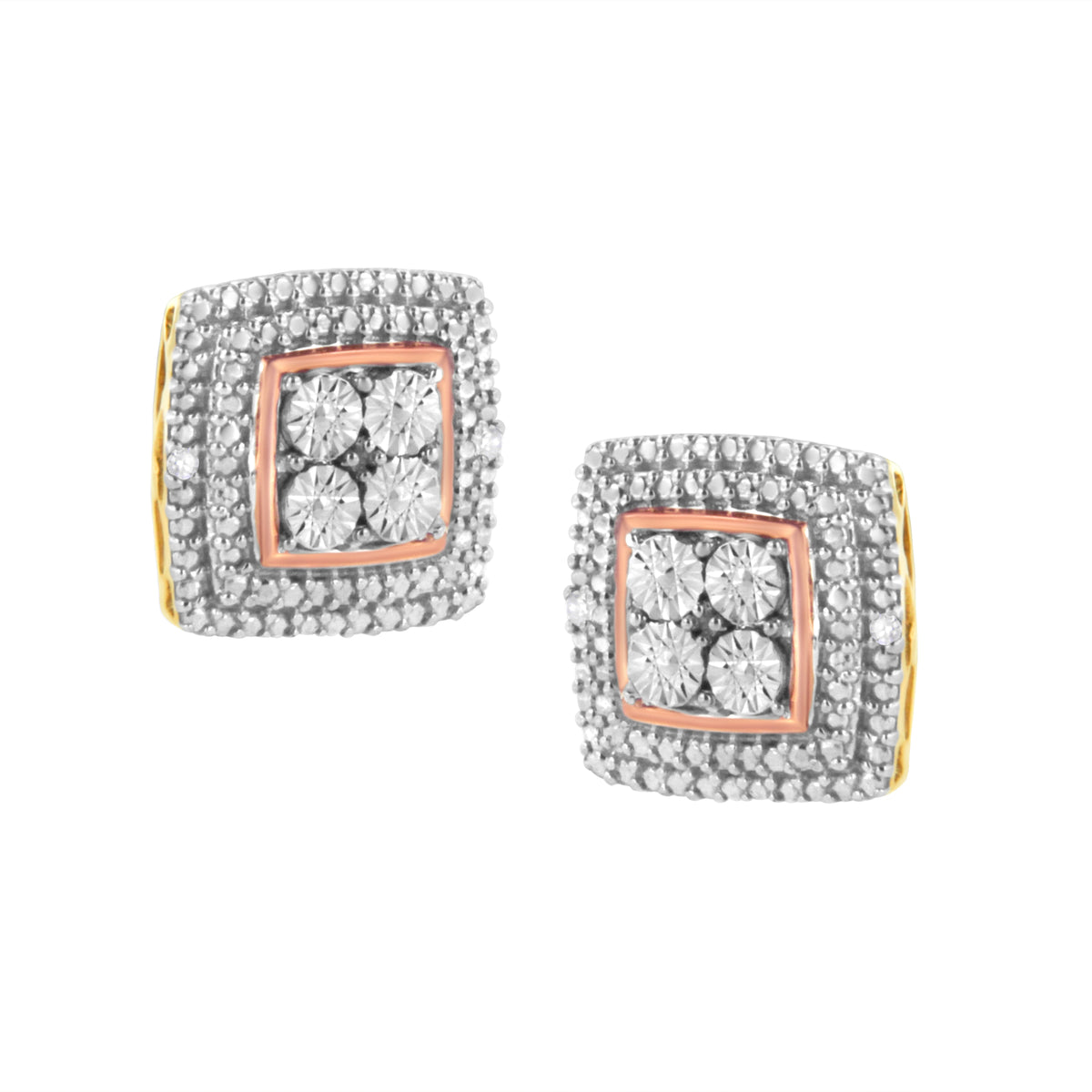 Pendientes de plata de ley bañados en oro amarillo, blanco y rosa de 10K con acentos de diamantes (Claridad I-J, Color I3)