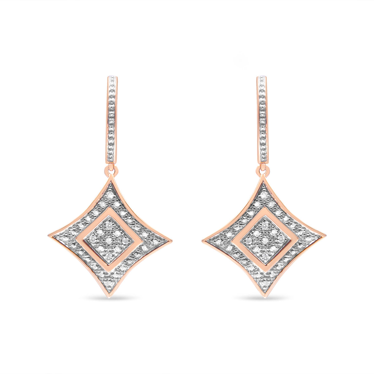 Aretes colgantes tipo cojín redondos de plata de ley chapados en oro rosa de 10K con diamante (0.04 quilates en total, color H-I, claridad I2-I3)