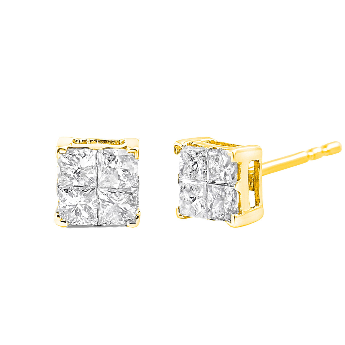 Pendientes de oro amarillo de 10K bañados en plata de ley .925 con diamantes talla princesa de 1,0 quilates de peso total, engaste múltiple (color J-K, claridad SI2-I1)