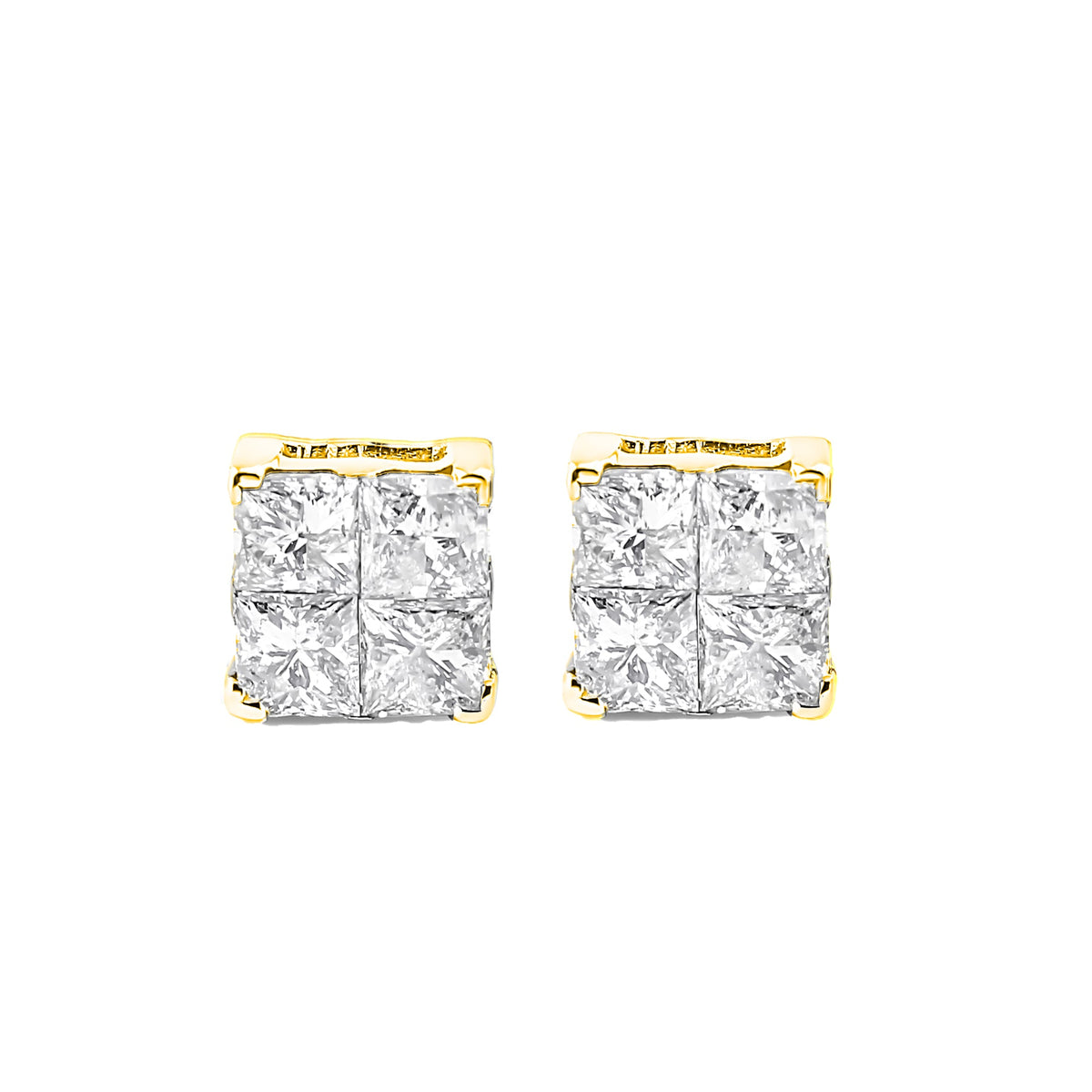 Pendientes de oro amarillo de 10K bañados en plata de ley .925 con diamantes talla princesa de 1,0 quilates de peso total, engaste múltiple (color J-K, claridad SI2-I1)