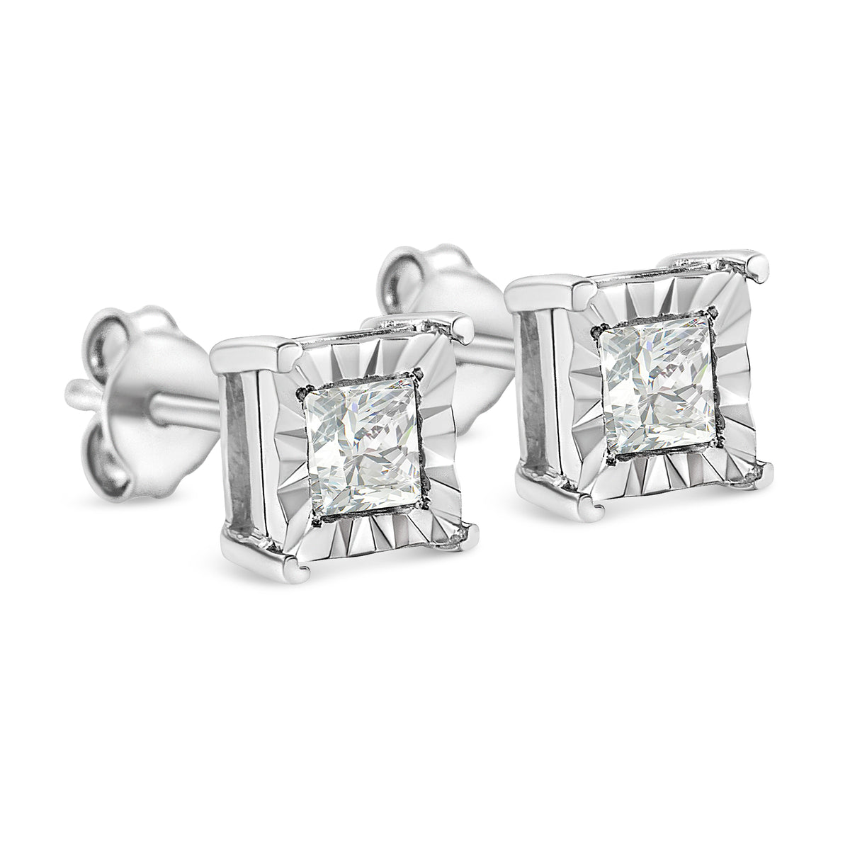 Pendientes de tuerca solitario con diamantes de talla princesa de 1/2 quilate, engaste milagro, plata de ley .925 (color I-J, claridad SI1-SI2)